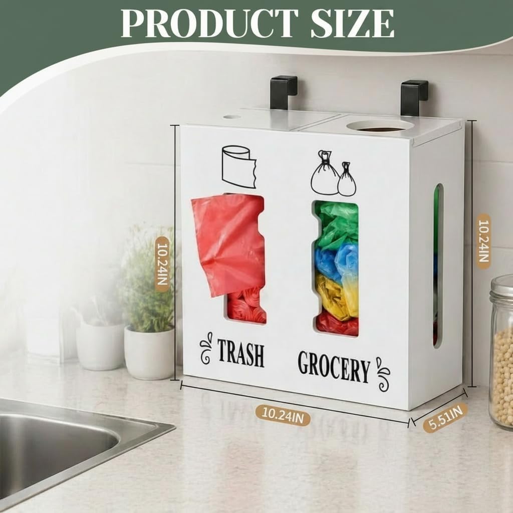 2 in 1 Trash Bag Dispenser and Grocery Bag Holder, Large Wooden Trash Bag Holder,Trash Bag Dispenser for Grocery Bags and Plastic Bags,Kitchen Cabinet Under Sink Organizers and Storage