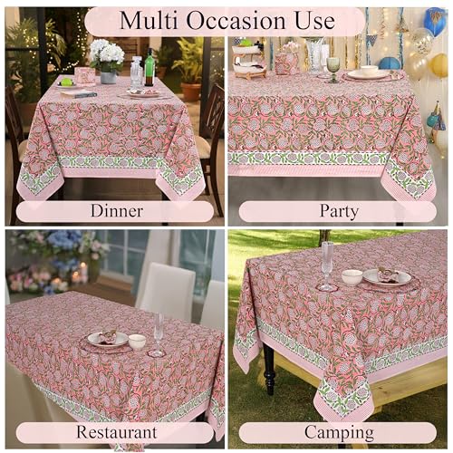 Ridhi Strawberry Pink Hand Block Print Cotton Rectangle Tablecloth 120" x 80" inches Reusable Table Cover Decorative Everyday Use for Dining Room, Farmhouse, Home Gift for Spring, Mother's Day by Ridhi - Image 5
