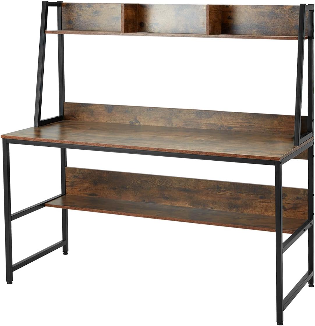 MELLCOM Industrial Computer Writing Desk, Large Writing Desk for Home Office, Computer Desk with 2 Adjustable Storage Shelves on Left or Right Side and 2 Headset Hooks (55 Inch, Rustic Brown)
