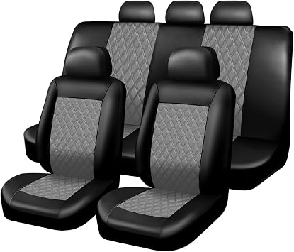 Foneso Car Seat Covers, Universal Leather Seat Cover, Airbag Compatible, Breathable Automotive Accessories for Sedans SUVs Cars Vans Grey, Full Set