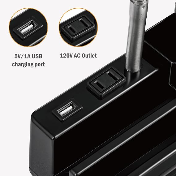 Small Desk Lamps for Home Office, Table Lamp with USB Port and Outlet, Desktop Lamp with Pen Holder, Flexible Neck Desk Lamp, Black Table Lamp for Reading Study