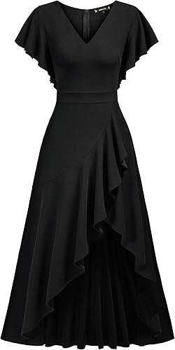 Miniatura 5 de Miusol Vestido largo formal, de fiesta, de noche, con cuello en V, apertura y volantes para mujer