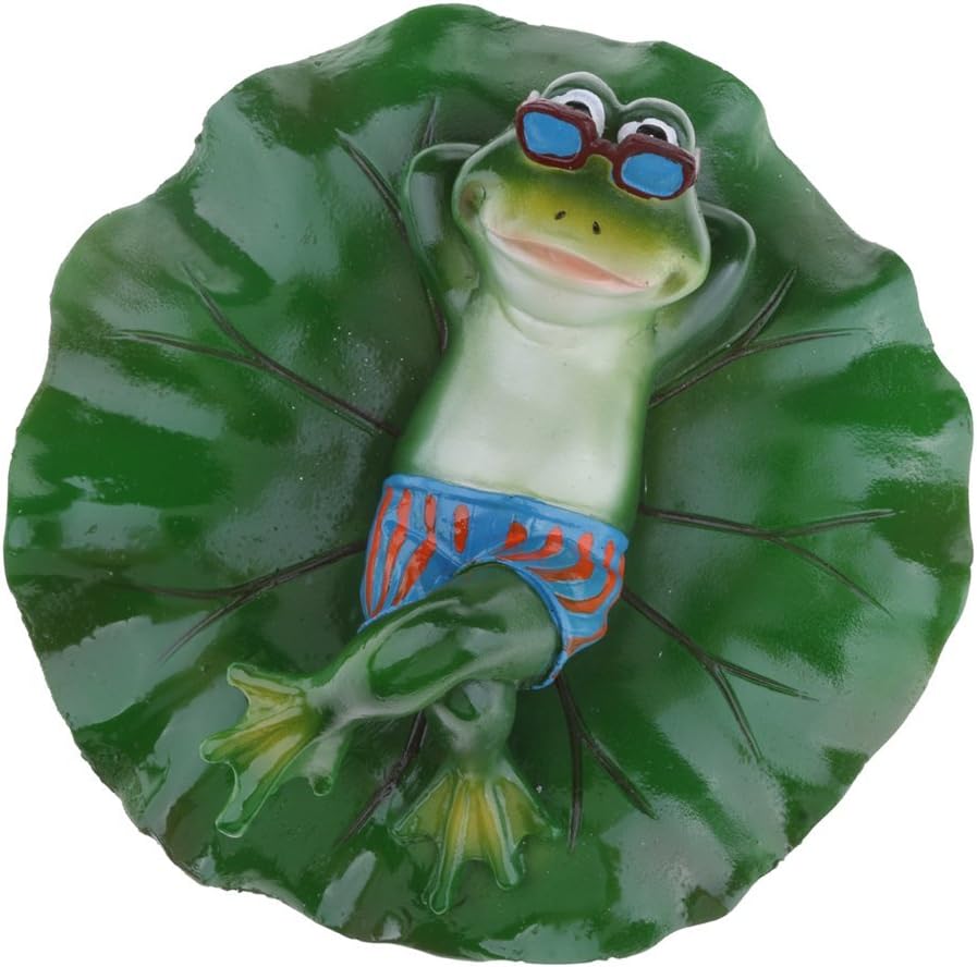 Water Floating Lotus Leaf with Frog Ornament Figurine Statue Craft for Home Garden Pond Decoration Photo Prop Gift - Lying
