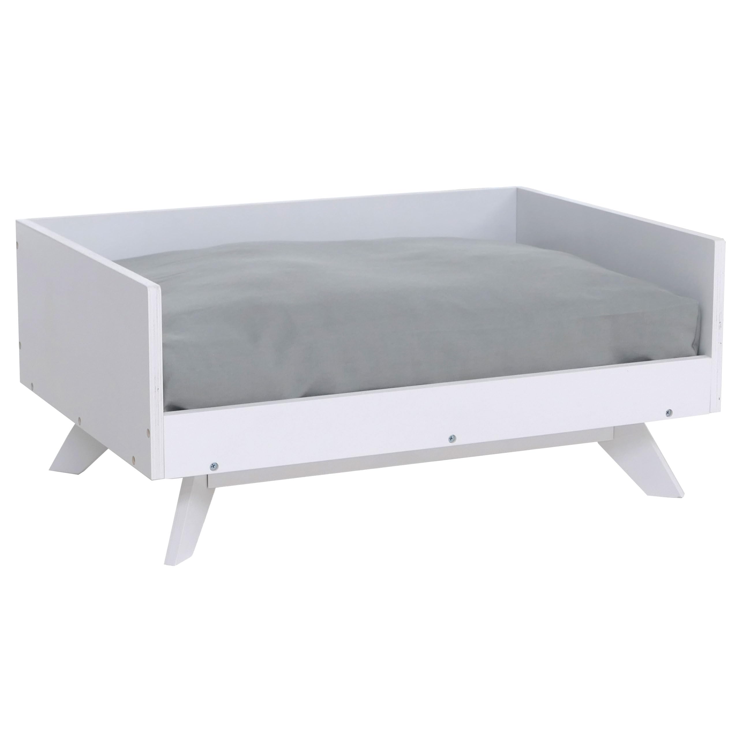 Mendler Lit pour Animaux HWC-Q64, Panier pour Chats et Chiens, Corbeille pour Animaux, couchette, en Bois MVG 32 x 72 x 50 cm - Blanc, Coussin Gris