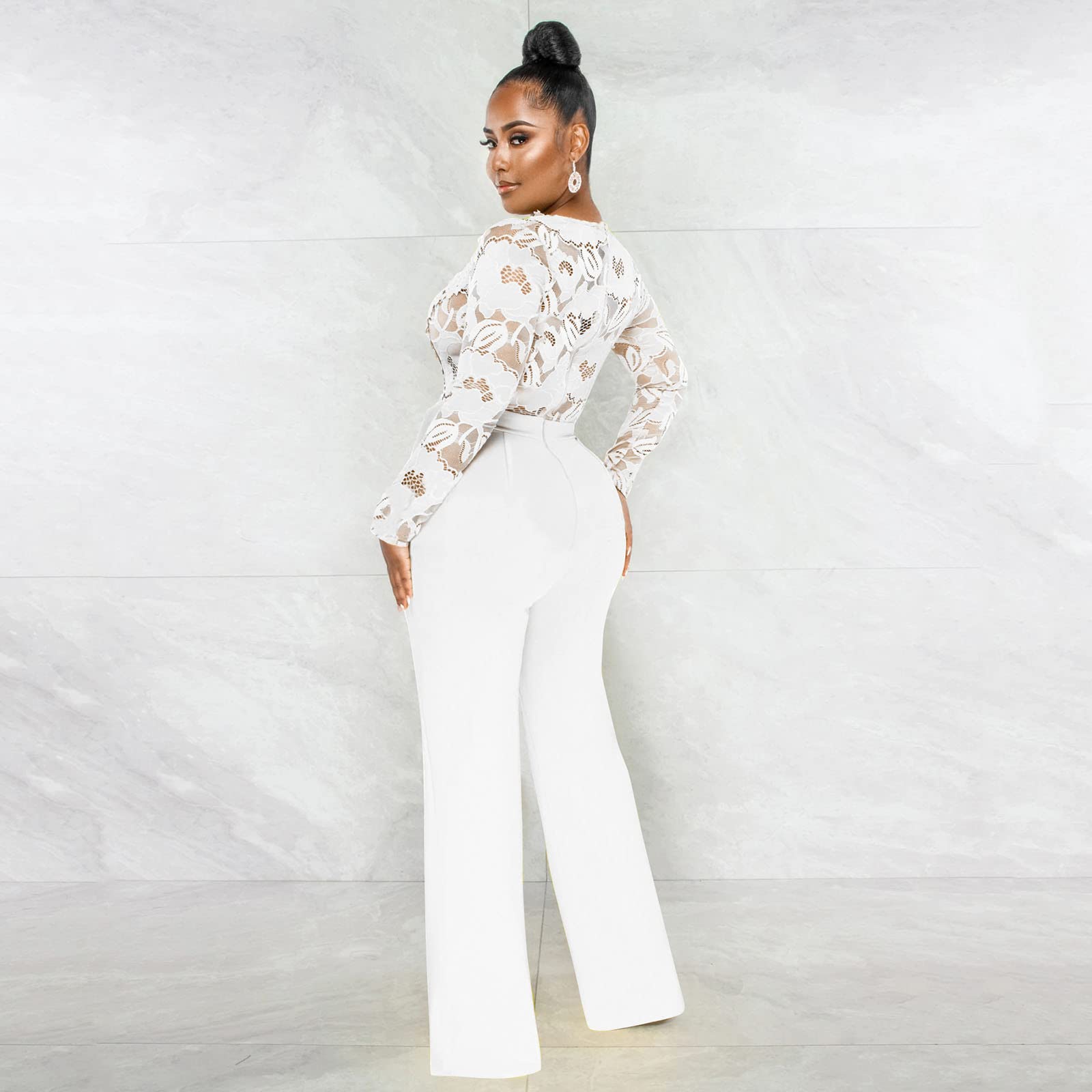 Generisch Mono para mujer, traje de pantalón, conjunto de mono de manga larga para mujer, mono de club, de encaje, bodycon