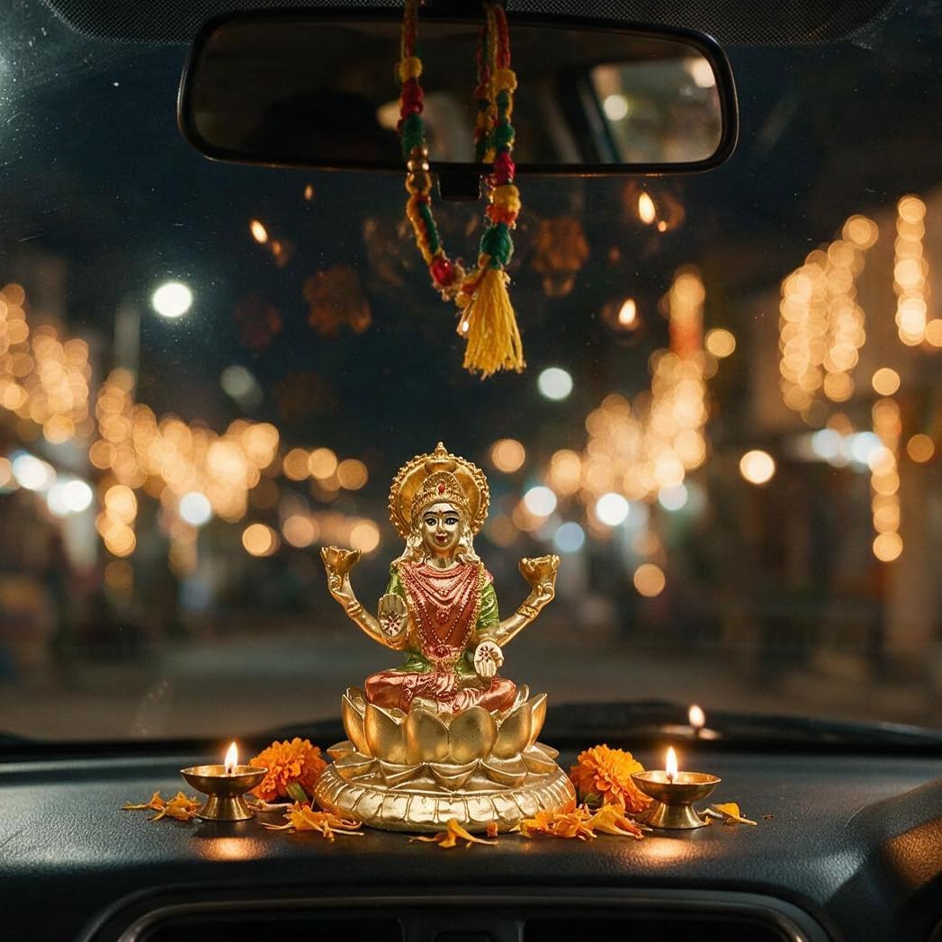 Hindu Lakshmi Goddess for Car Dashboard Decor Diwali Gift w/ 2 stickers | 4.4"H Small Resin Lakshimi Ido Statue for Car Laxmi Murti Home Temple Mandir Pooja Item Altar Spiritual Decor