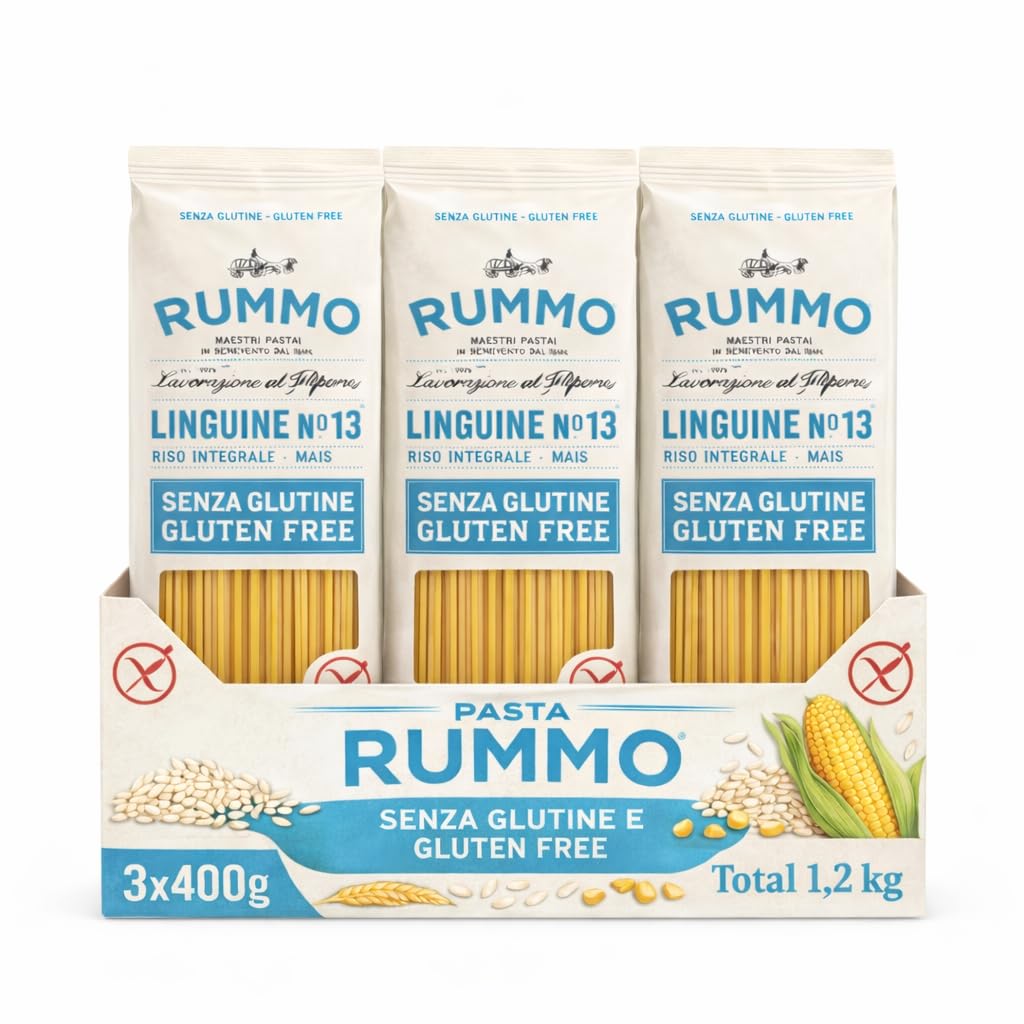 Linguine Rummo Nº13, Pasta Italiana, Pasta sin gluten, Pasta alimenticia con harina de arroz integral y maíz, Sin gluten, Elaboración lenta, 3 Paquete de 400 gr