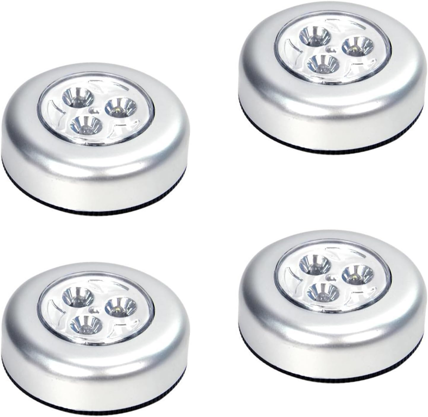 – KASTWAVE 4Pack LED Puck Tap Lights, Battery Operated Mini Push Touch Lights, Stick On Under Cabinet and Counter Lighting, Kitchen Sink, Shelf Lights, Silver