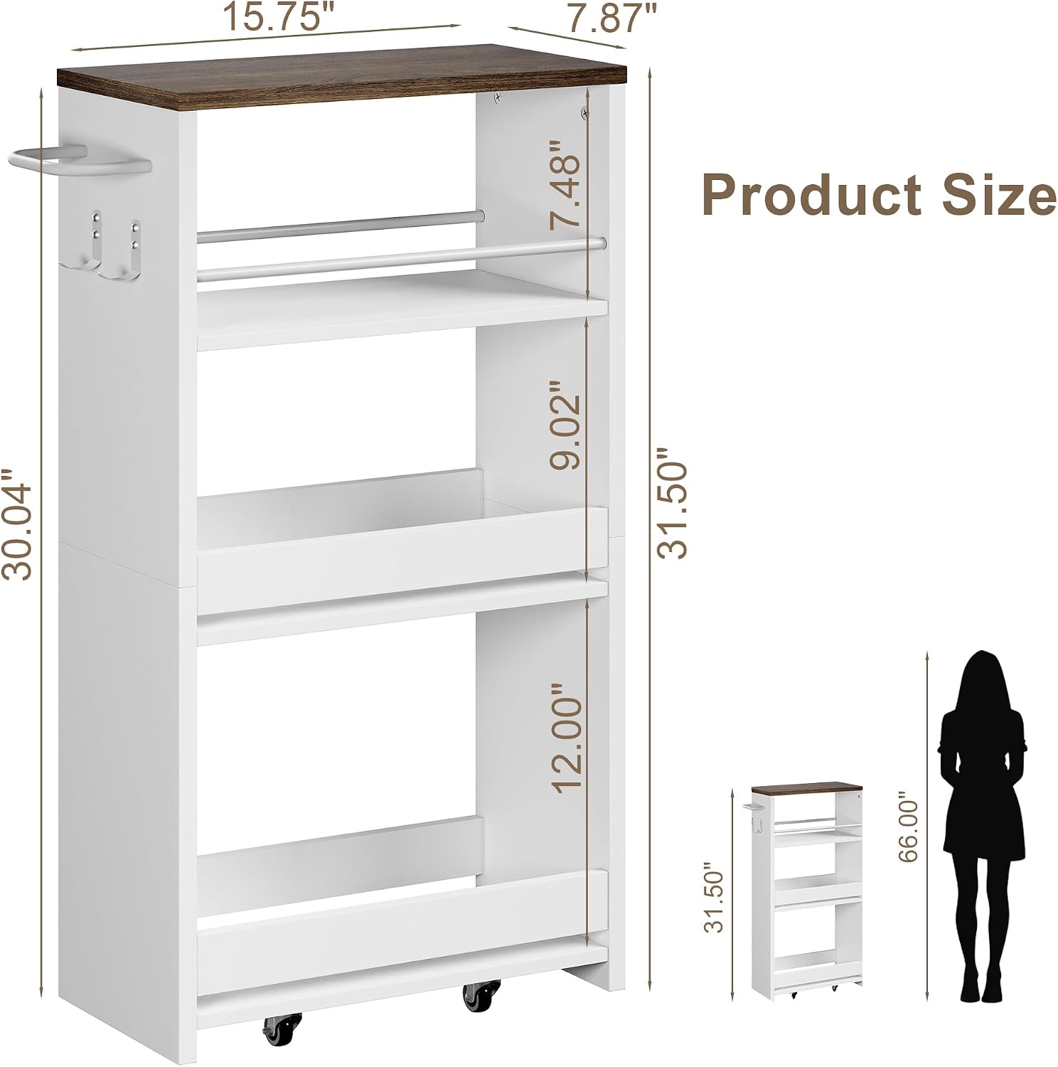 ChooChoo 4-Tier Slim Storage Cart, 7.87 inches Wide Narrow Storage Cabinet with 360° Wheels and 2 Hooks, Space-Saving Organizer for Kitchen, Narrow Places, Dining Room, Walnut+White image 2