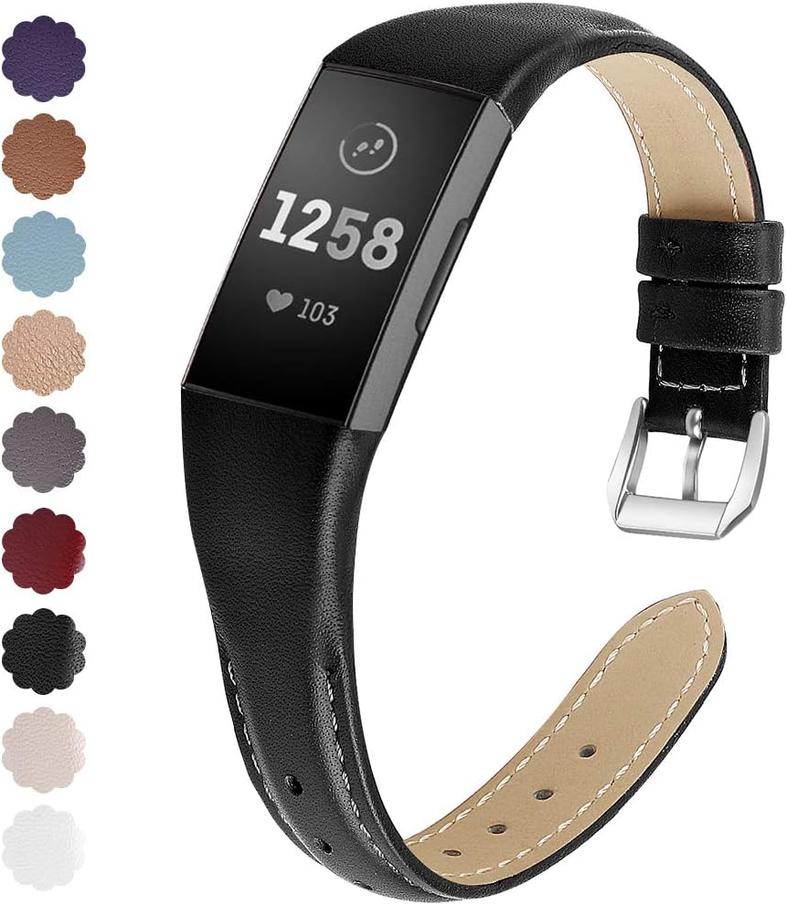 NANW Bands Compatible with Fitbit Charge 4 / Charge 3, Slim Genuine Leather Wristband Replacement Accessories Strap for Women Men Compatible with Fitbit Charge 4 / Charge 3 Small Large