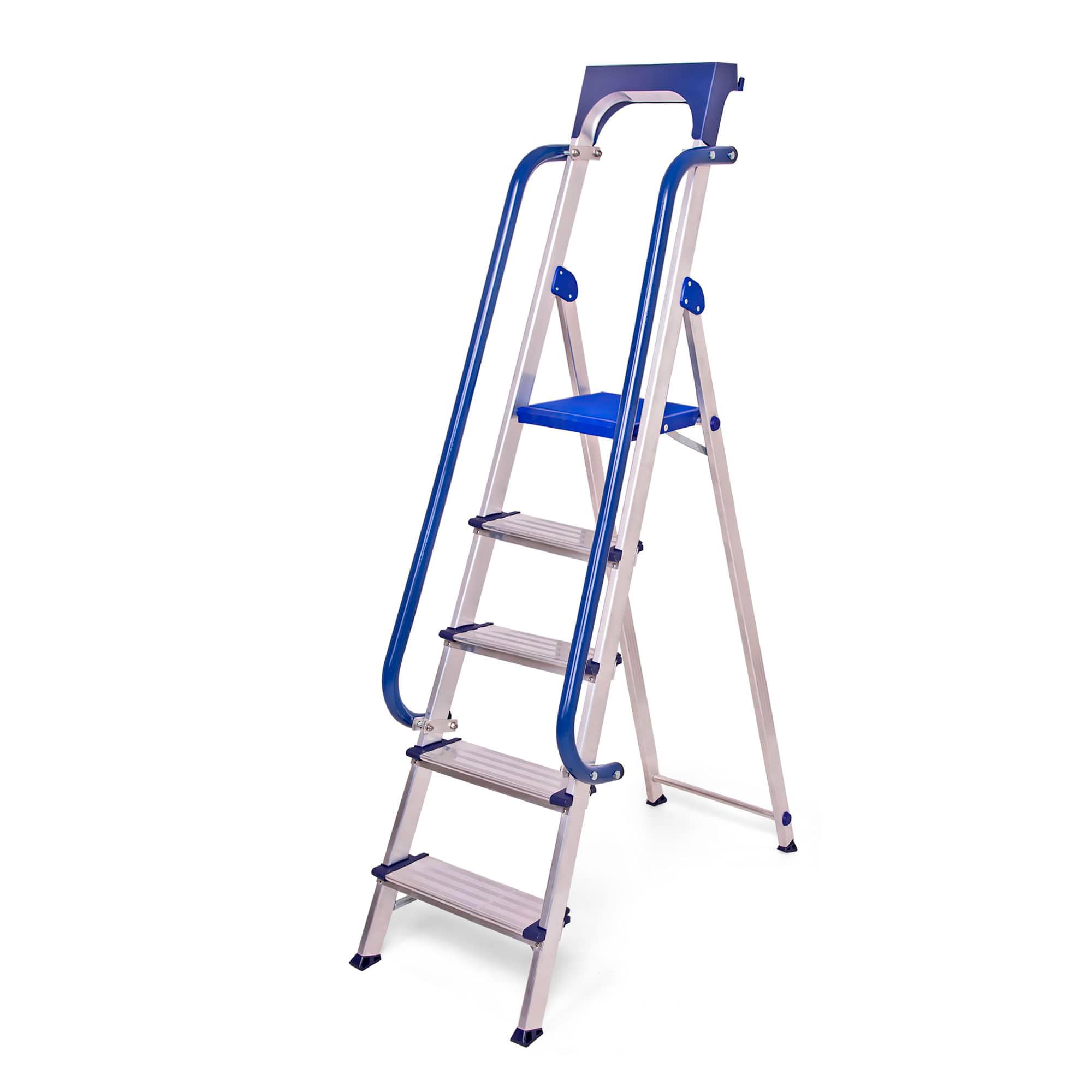 HOSTRÖM Escalera de Tijera de 5 peldaños Secure Pro, Aluminio Reforzado, Segura con barandillas, Bandeja portaherramientas, Altura de Plataforma 112 cm, garantía de 5 años