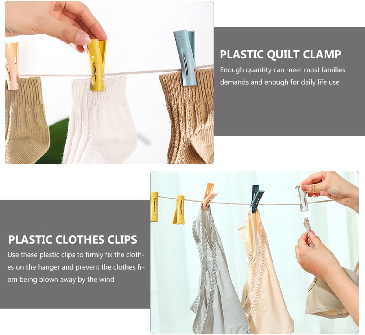 50pcs Windproof Plastic Clothespins for Household Laundry, Strong Quilt Clips with Sock Holders, Sturdy Plastic Clothes Pins for Outdoor and Indoor Drying Random Color