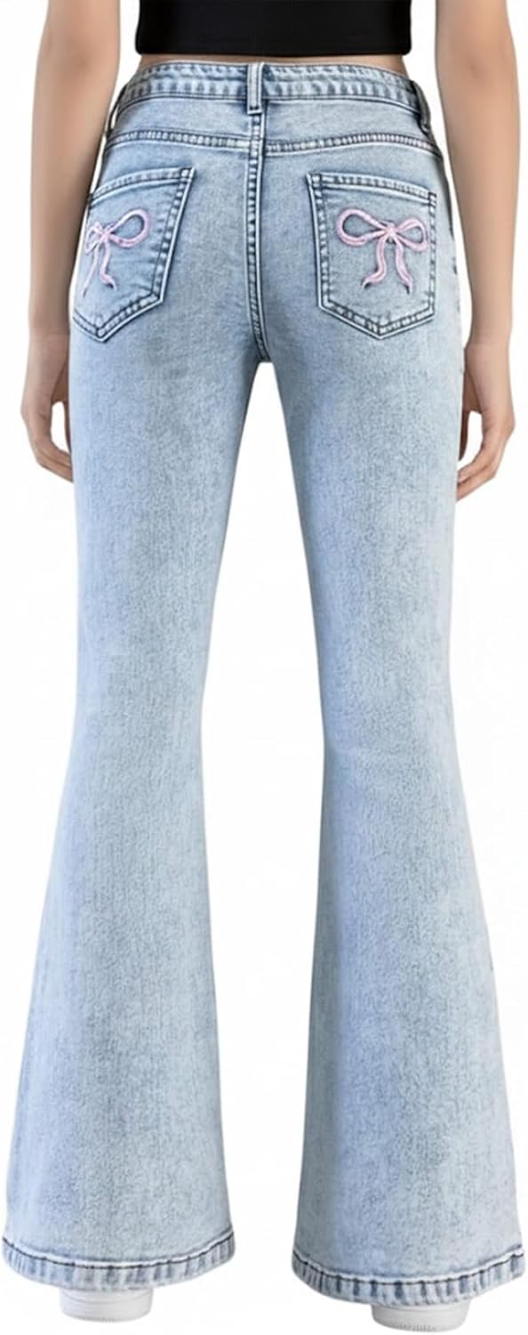 Girls Flare Jeans High Waisted Stretch Bow Bell Bottom Cute Y2K Denim Pants with Pockets 7-14Y
