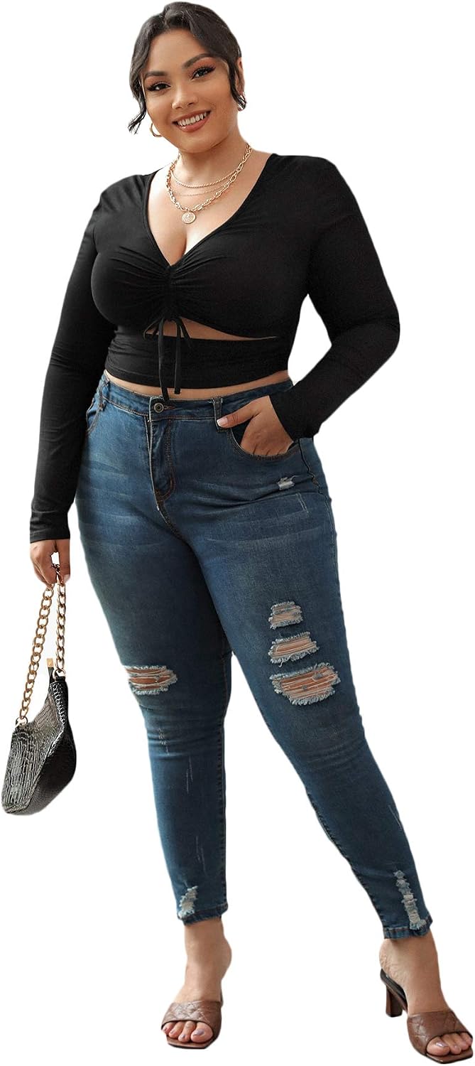 Romwe Women's Plus Size Knot Front Cutout Ruched V Neck Long Sleeve Crop Tops Blouse