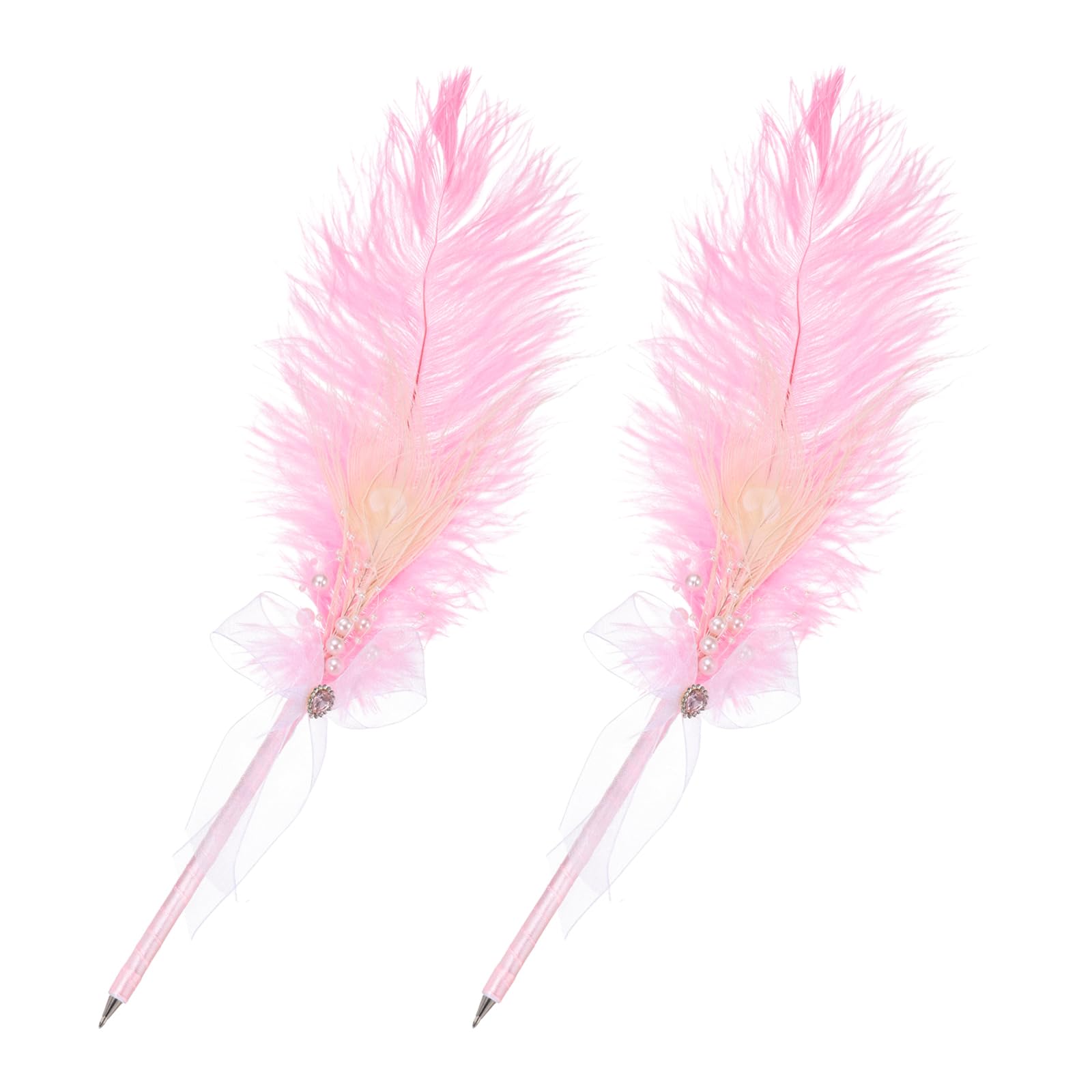 PATIKIL Feather Pen, 2Pcs Ostrich Vintage Feather Quill Pen 1mm Black Ink Signature Ballpoint Pens Fluffy Pearl Ribbon Design for Wedding Bridal Party Signing Writing, Pink