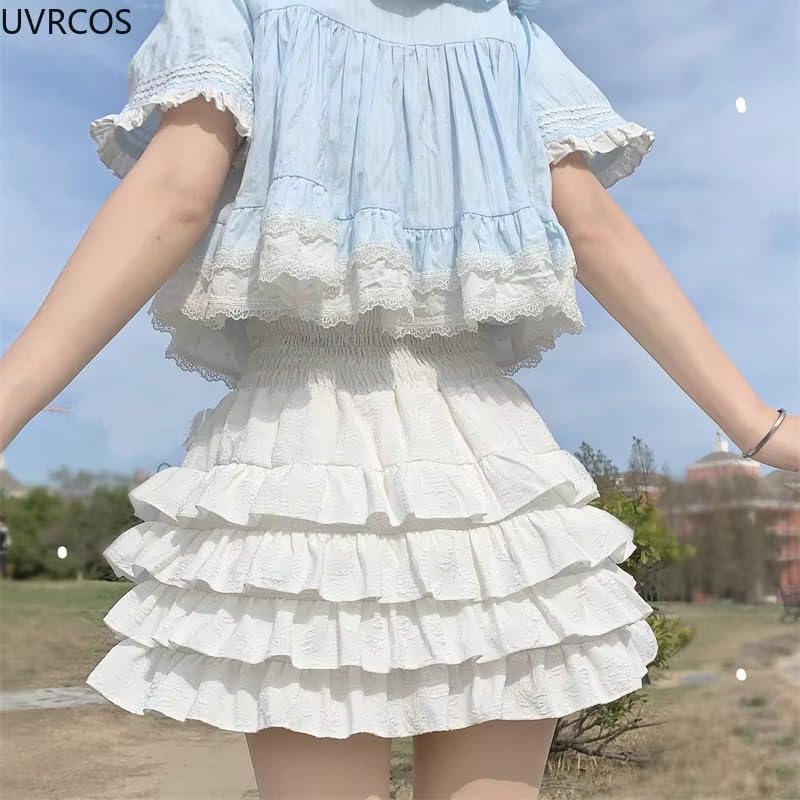 Women's Lolita Mini Skirts Cute High Waist Side Bow Layered Ruffle Hem A-Line Skirts Sweet Skirts3