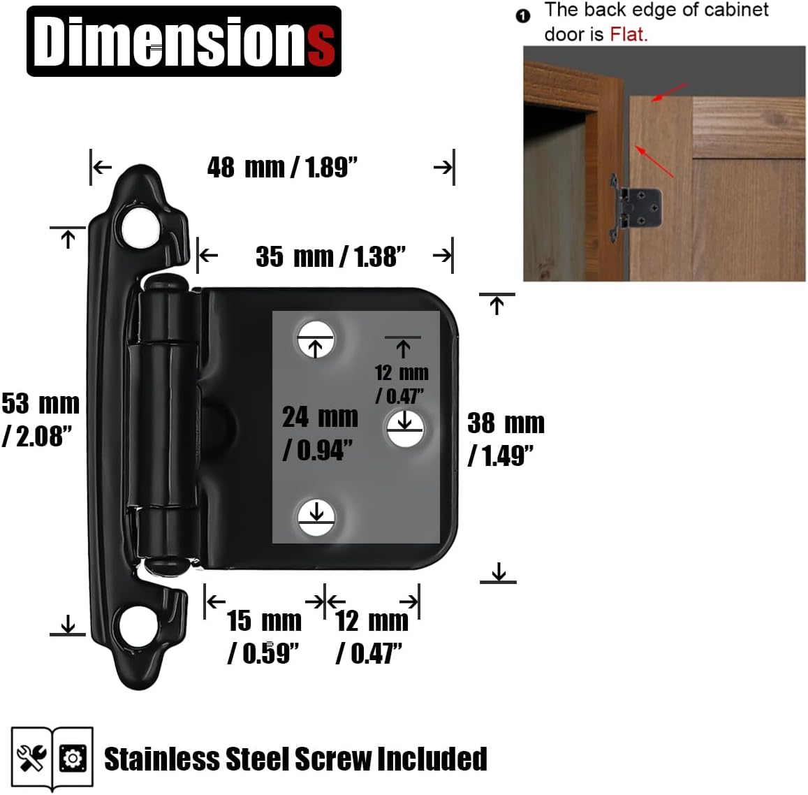 JQK 1/2 Inch Overlay Cabinet Door Hinges Black, 50 Pack 25 Pairs Flush Face Mount Cupboard Self-Closing Kitchen Cabinet Hinges, CH200-BK-P50