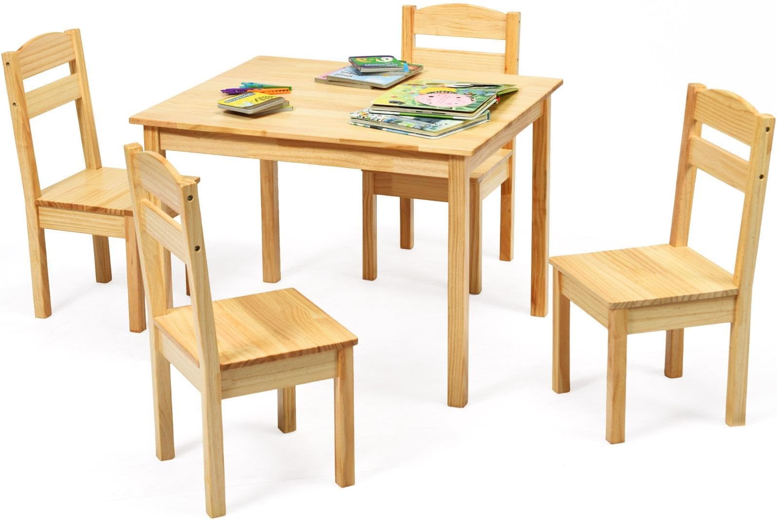 Kids Table and Chair Set, Wooden Children Desk and 4 Chairs, 5 Pcs Kids Activity Furniture for Nursery, Playroom, Preschool and Kindergarten, Boys and Girls Aged 3+ Years Old (Natural)