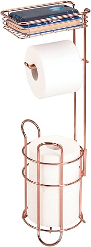 Miniatura 7 de mDesign Soporte y dispensador de papel higiénico de metal de acero con estante de almacenamiento, papel higiénico para baños, baño, capacidad para 2
