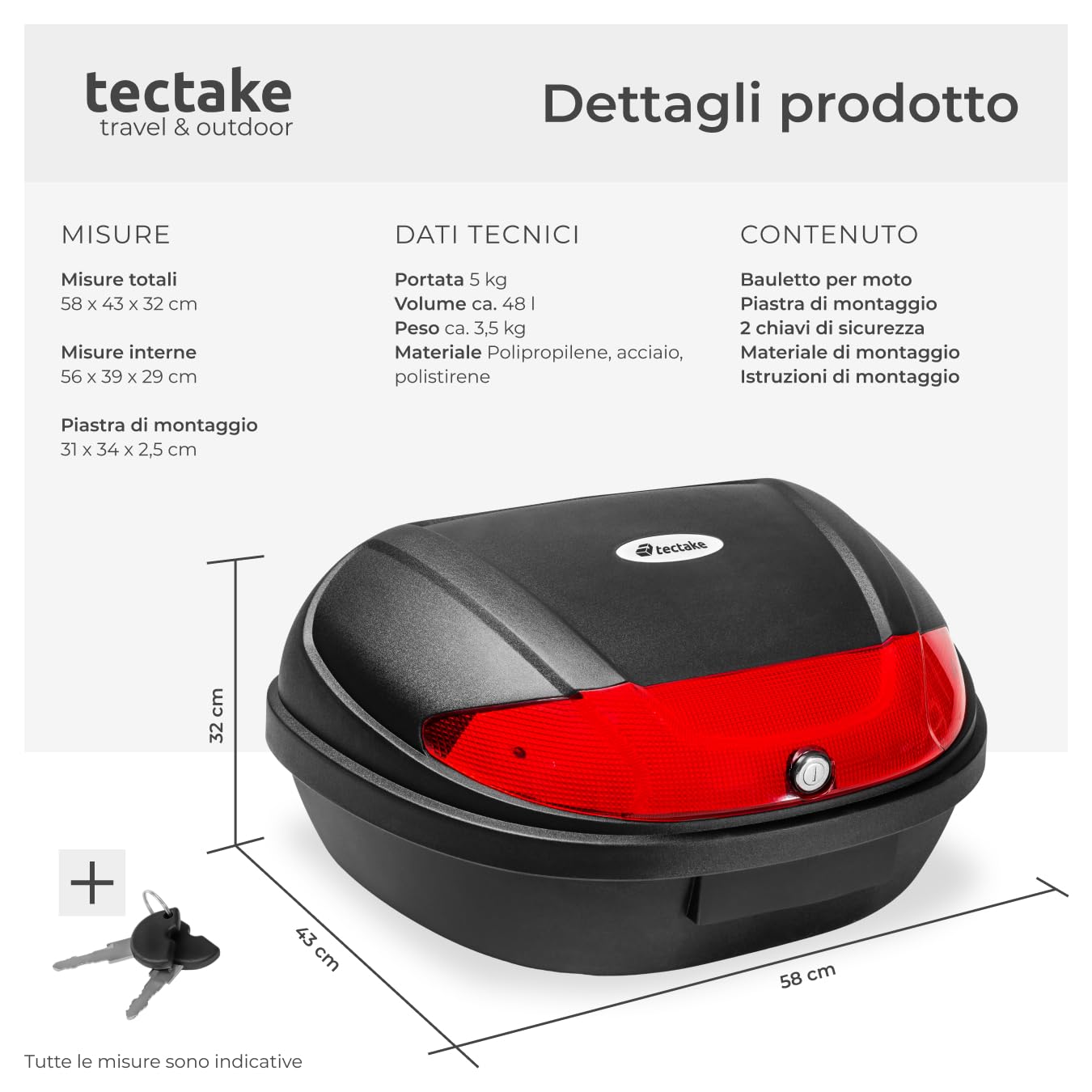 Tectake Bauletto Moto 48 Litri Top Case Universale Valigia Posteriore 2 Caschi Serratura