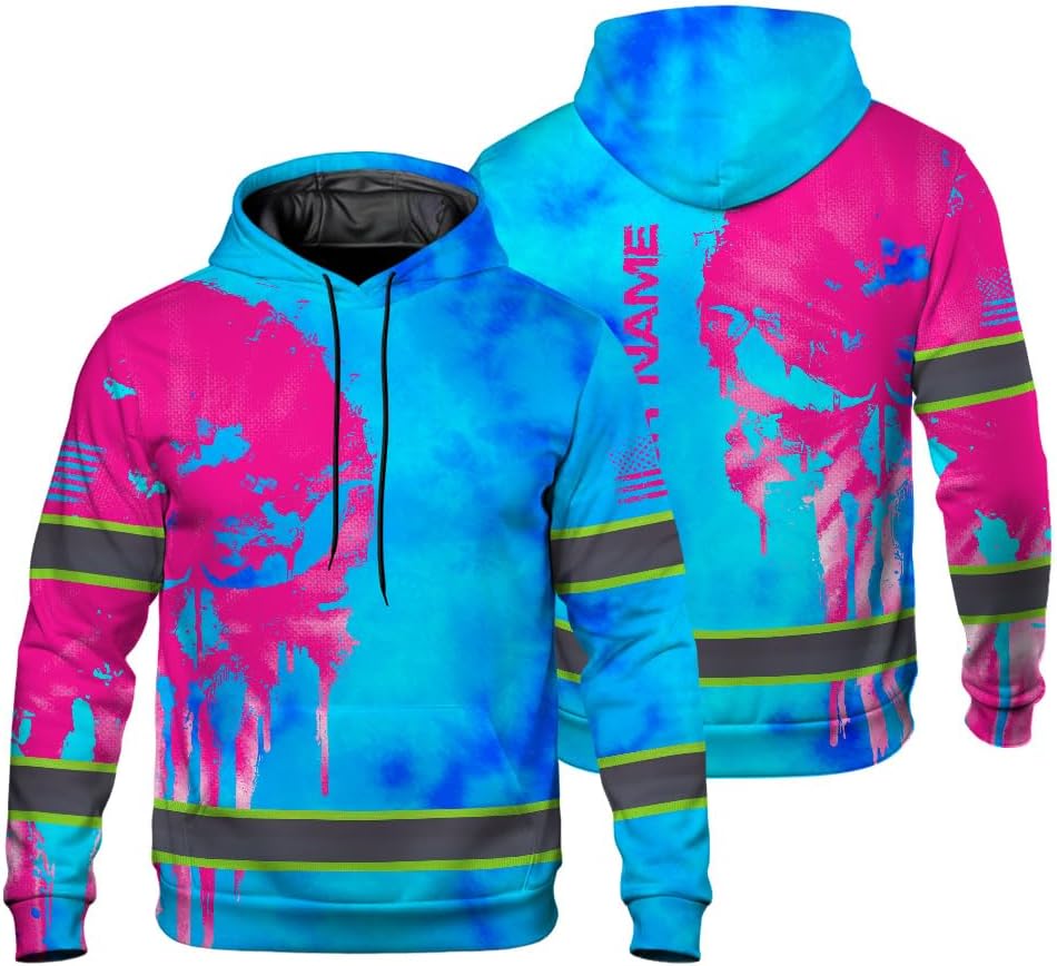 Maddly High Visibility Hoodie with Skull Design, Hi Vis Safety Workwear Custom Name for Workers, Runners, Truckers, Cyclist