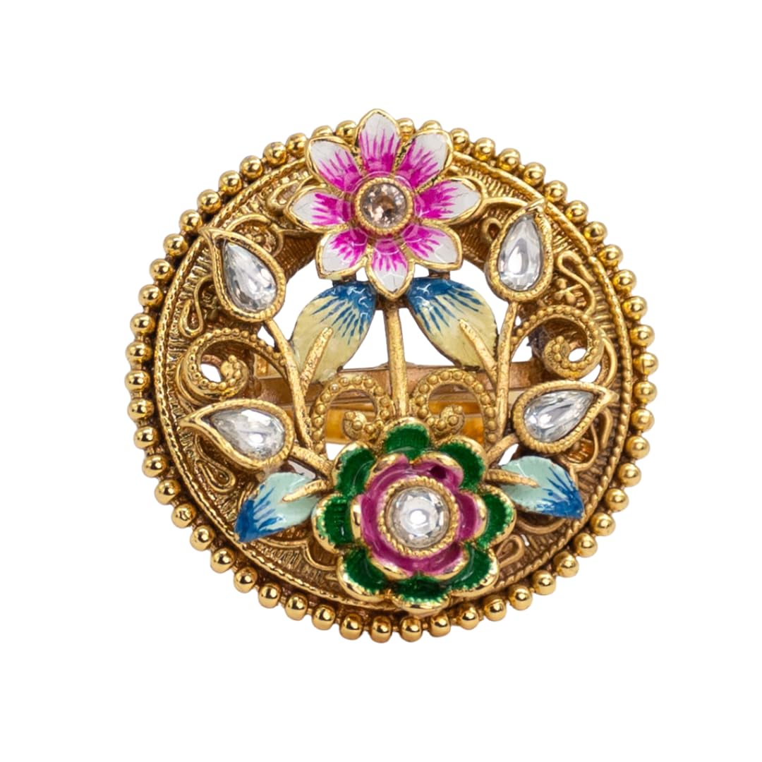 Rajwadi 1Gm Gold Plated Matt Finish Meena Adjustable Ring Traditional Handcrafted Ethnic Finger Ring-image-46