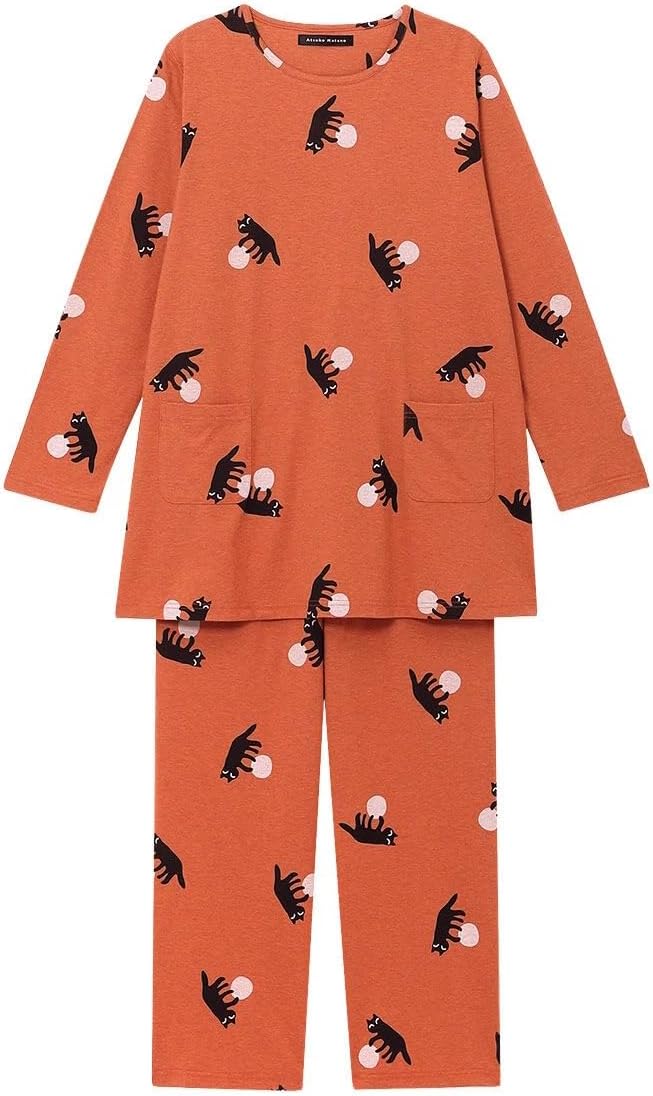 マタノアツコ 長袖パジャマLサイズボールと遊ぶ黒猫さん綿100% 天竺