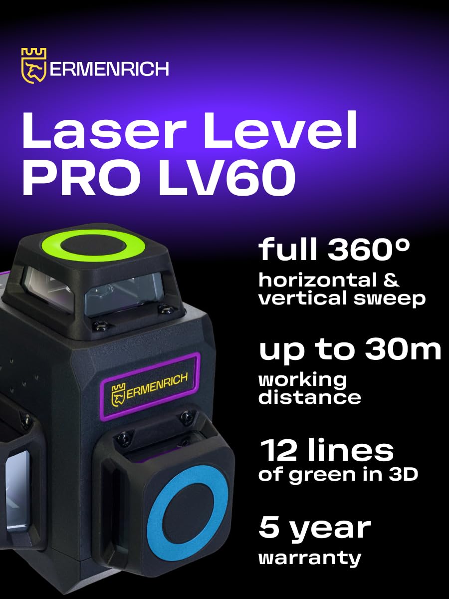 PRO LV60 Livella Laser Autolivellante 12 Linee 3x360° Laser Verde | con Telecomando Base Treppiede Supporto Magnetico e Rotante Batteria Ricaricabile IP54 Impermeabile Piastra Target Borsa