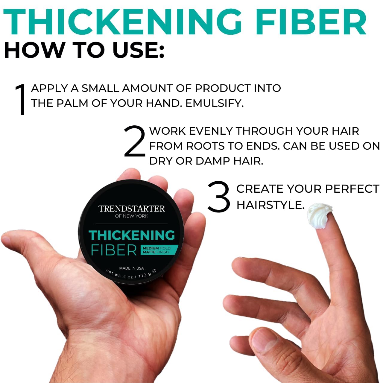 TRENDSTARTER - THICKENING FIBER (4oz) (PACK of 2) - Medium Hold - Matte Finish - Premium Hair Thickening Clay Pomade - Water-Based - All-Day Hold Styling Product