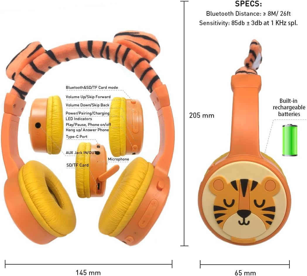 Kids Bluetooth Headphones, Wireless Headphone for Kids, 85dB Volume Limited, Built-in Mic, 3.5mm Aux Cord, Boys Girls Tiger Headset for School/Travel/Airplane - Image 5