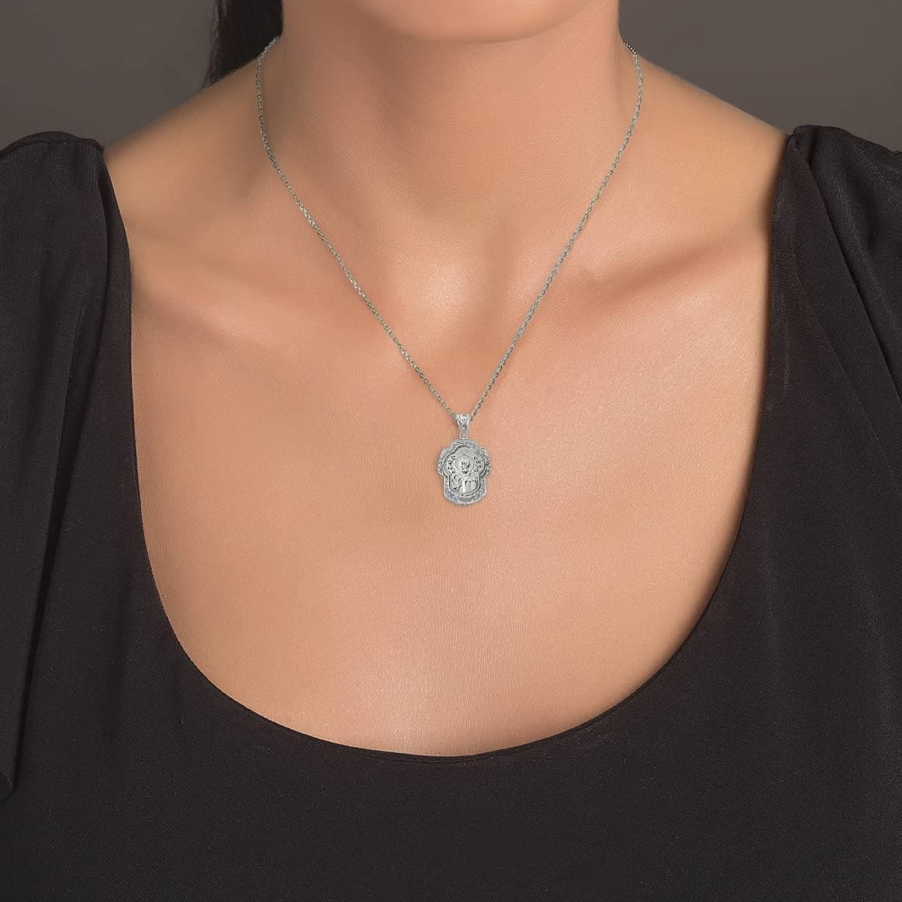 Silver St Nicholas Nikolay Chudotvorets Greek Orthodox Christian Cross Pendant Necklace with Rolo Chain and Pendant only