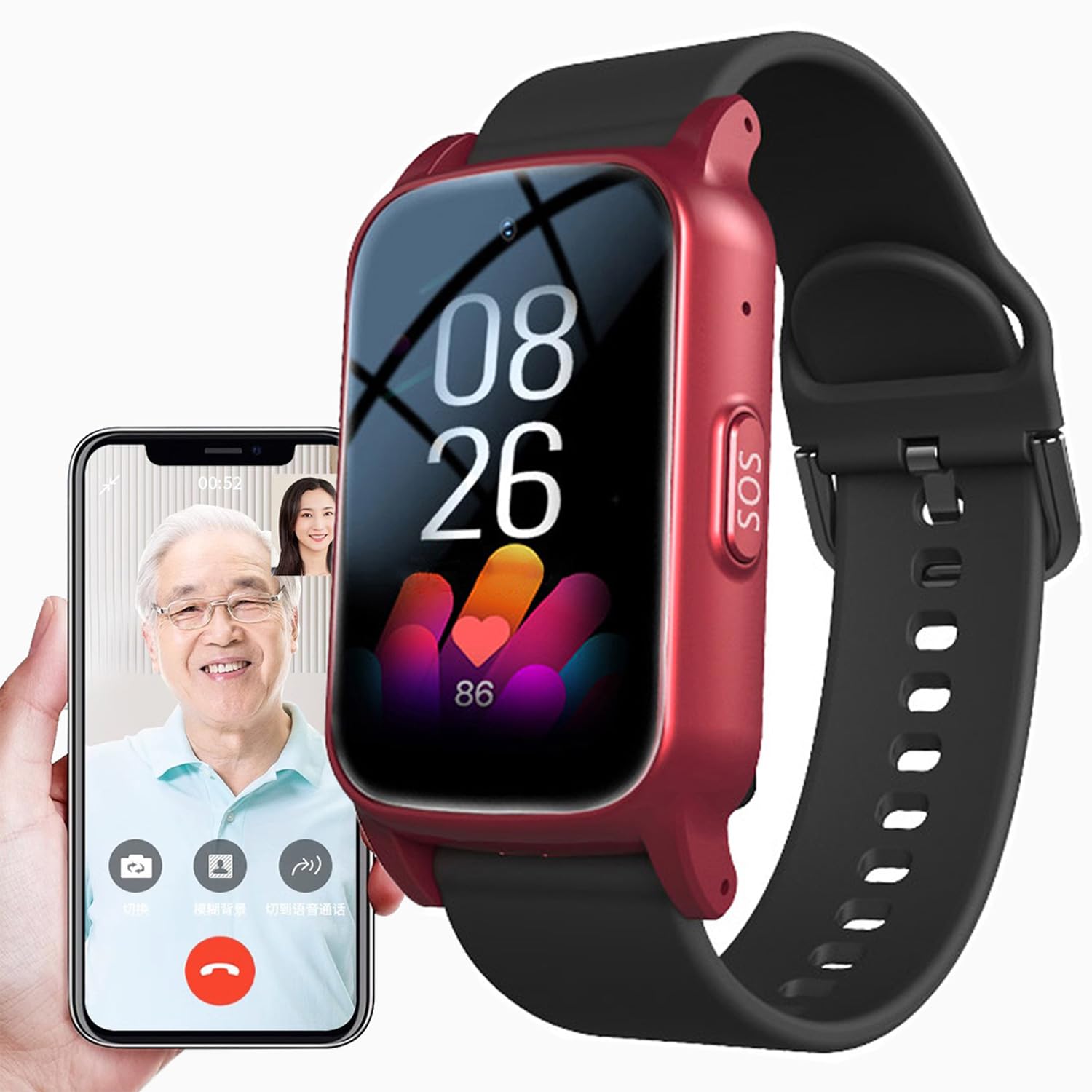 Montre Connectée avec Détecteur de Chute, Montre Intelligente pour Personnes âgées, Bracelet de Positionnement GPS, Bracelet GPS Tracker for Seniors, Bouton D'alarme SOS,Red