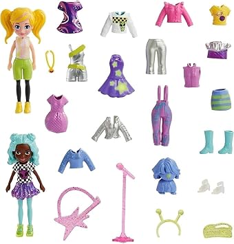 Polly Pocket Pop Star Starlight 25 Par al  Aksesuar Moda Seti, 2 Bebek ve K yafet Koleksiyonu
