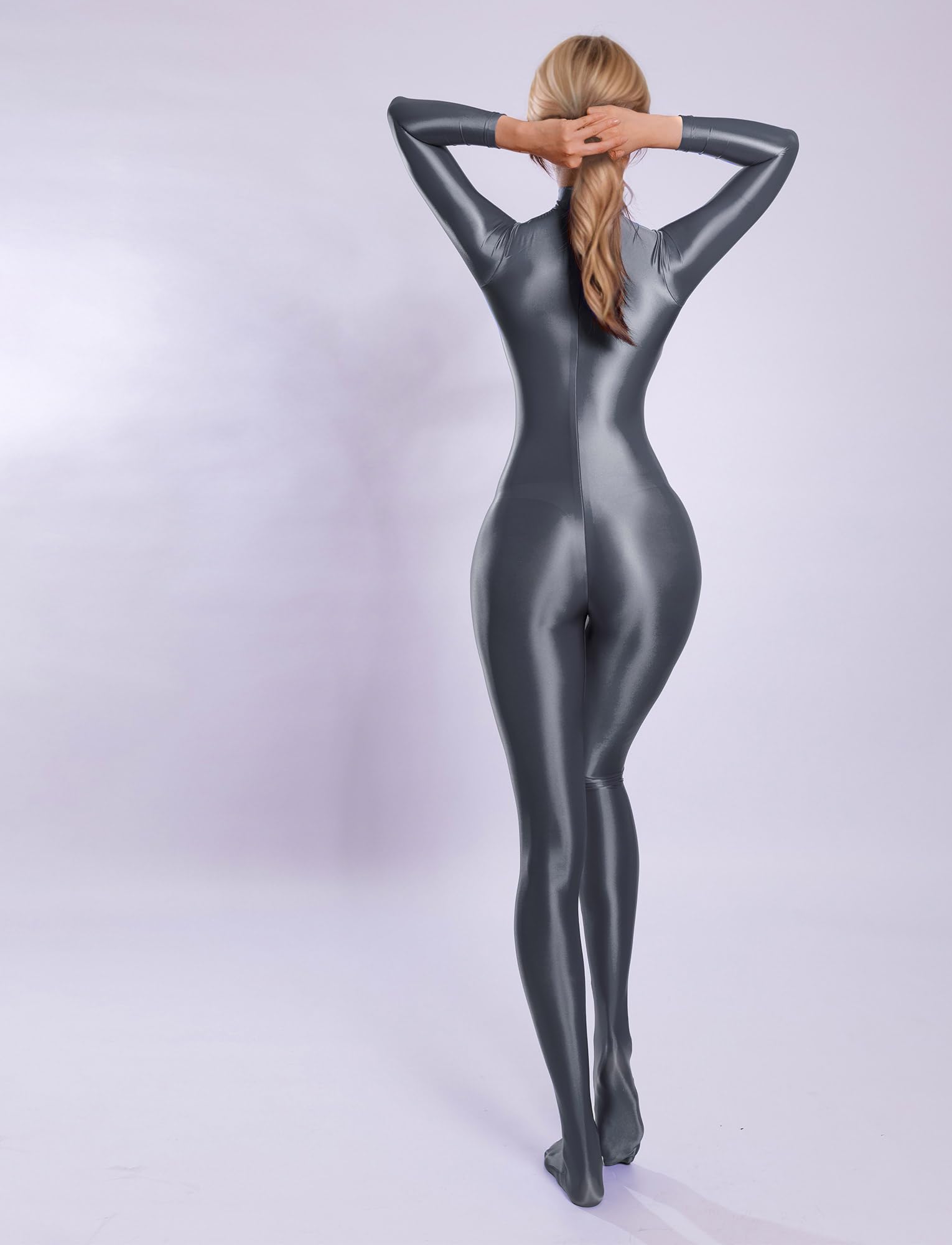 Damen-Bodysuit, ölglänzend, durchsichtig, transparent, langärmelig, Catsuit, Reißverschluss, Jumpsuits