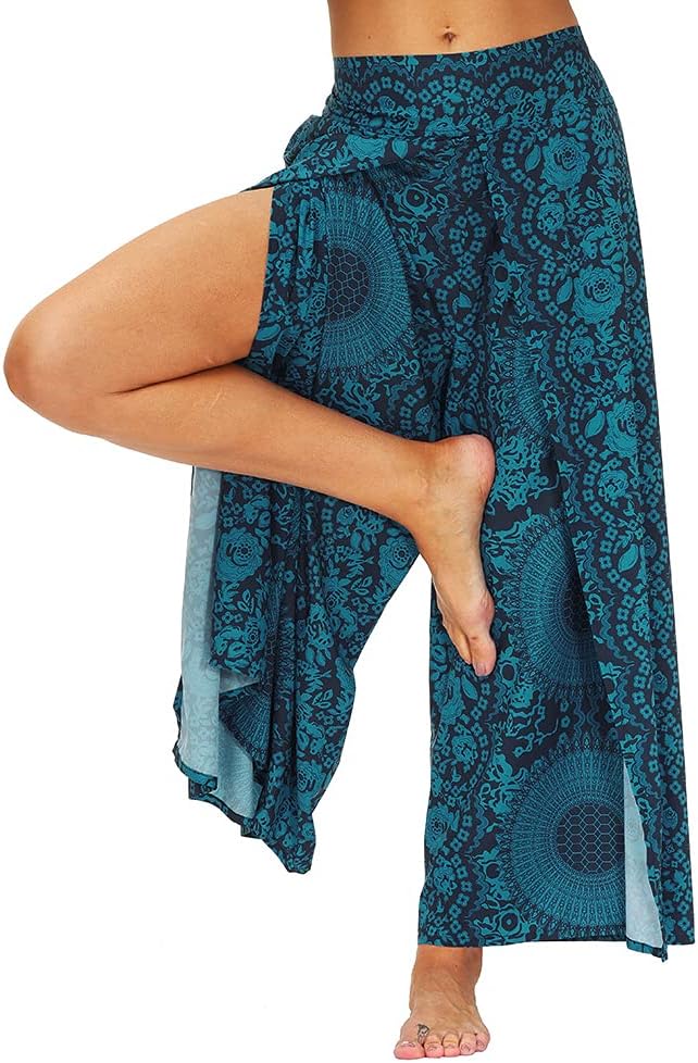 Ainuno Boho Pants Wide Leg Palazzo Pants with Slits for Women Flowy Hippie Pant Thin