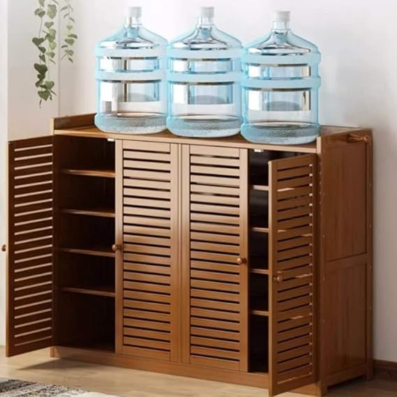 Bamboo Shoe Cabinet, 7-Tier Rustic Large Capacity Shoe Rack, with Doors Household Storage Shoe Shelf, Multi-functional Free Standing Shoe Stand for Entrance, Hallway, Balcony