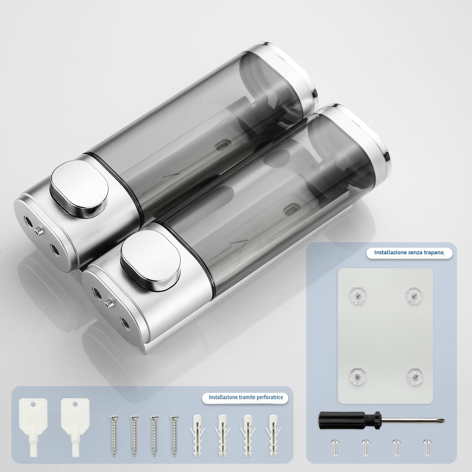 modunful Dispenser Shampoo e Bagnoschiuma 3 Camere | ABS Lucido | Erogatore a Pressione Controllata | Senza Trapano | Resistente per Casa e Appartamento