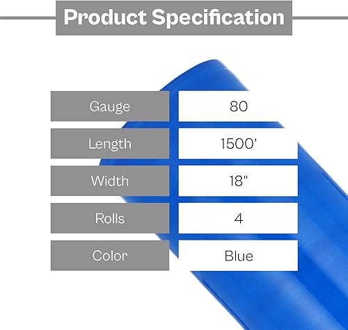Miniatura 4 de PSBM - Rollo de película elástica azul, paquete de 4, 18 pulgadas x 1500 pies, calibre 80, rollos de película elástica a mano oscuraopaca para