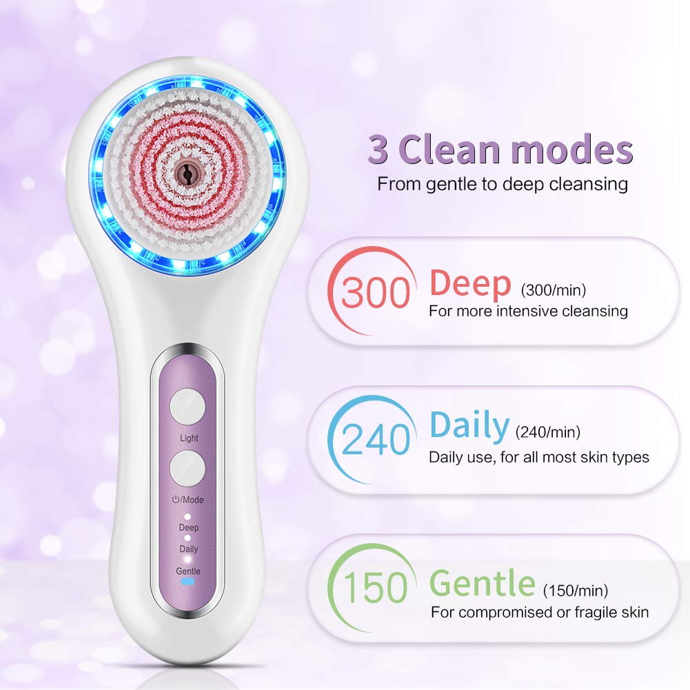 YORMICK Electric Facial Cleansing Brush,Rechargeable IPX7 Waterproof with 3 Modes, 5 Brush Heads for Exfoliating, Massaging and Makeup Blending (Purple) : Beauty & Personal Care