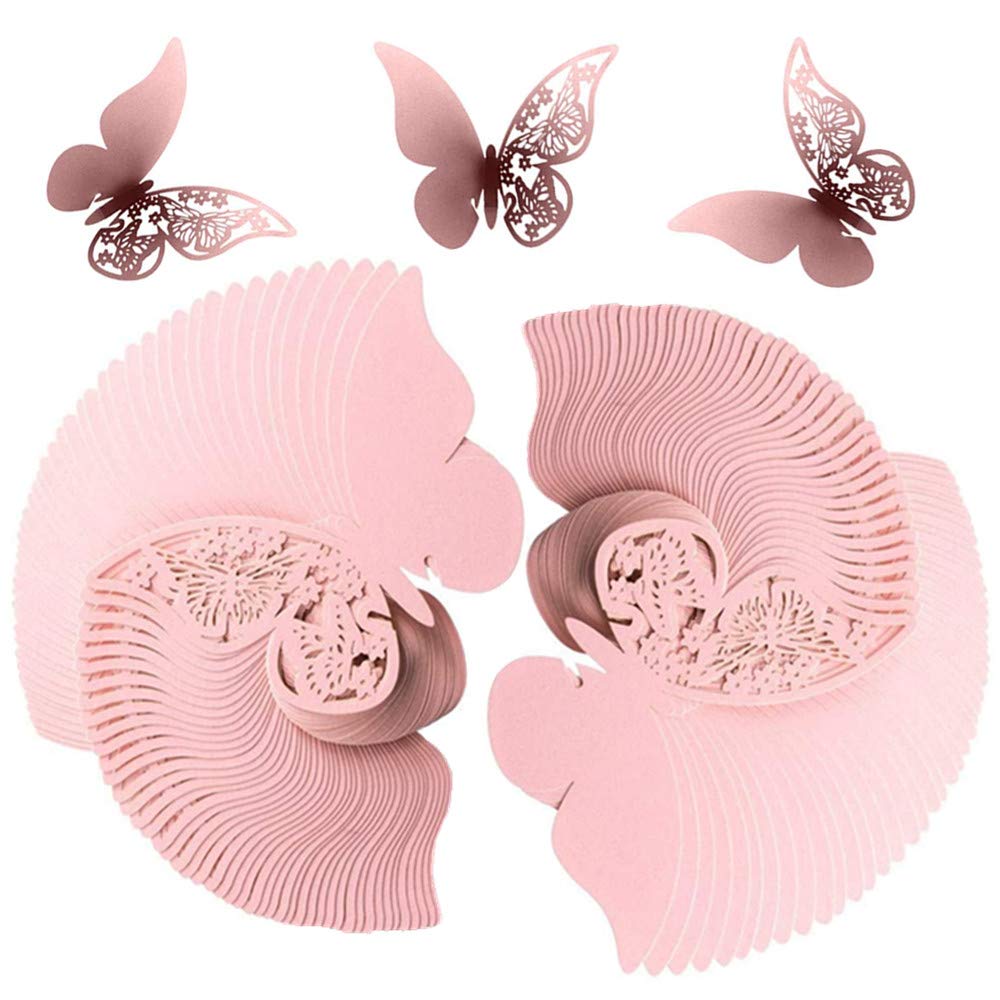 50 Segnaposto A Forma Di Farfalla Per Calici Da Vino - Laser Cut In Carta Per Matrimonio, Battesimo, Compleanno E Eventi - Rosa