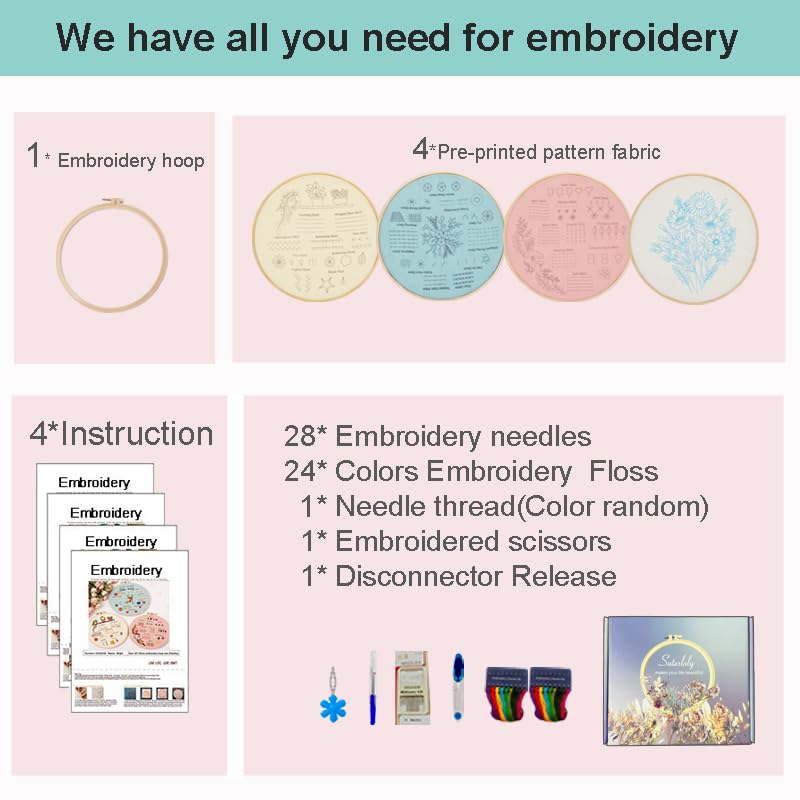 Image of Sutesloly Hand Embroidery Kit for Beginners, 4 Sets Learn to Floral Patterns Simple Beginner Starter kit for Adults, 33 Stitches Easy Embroidery Practice Kit, 7.8inch Hoop, DIY Craft Gift for Women