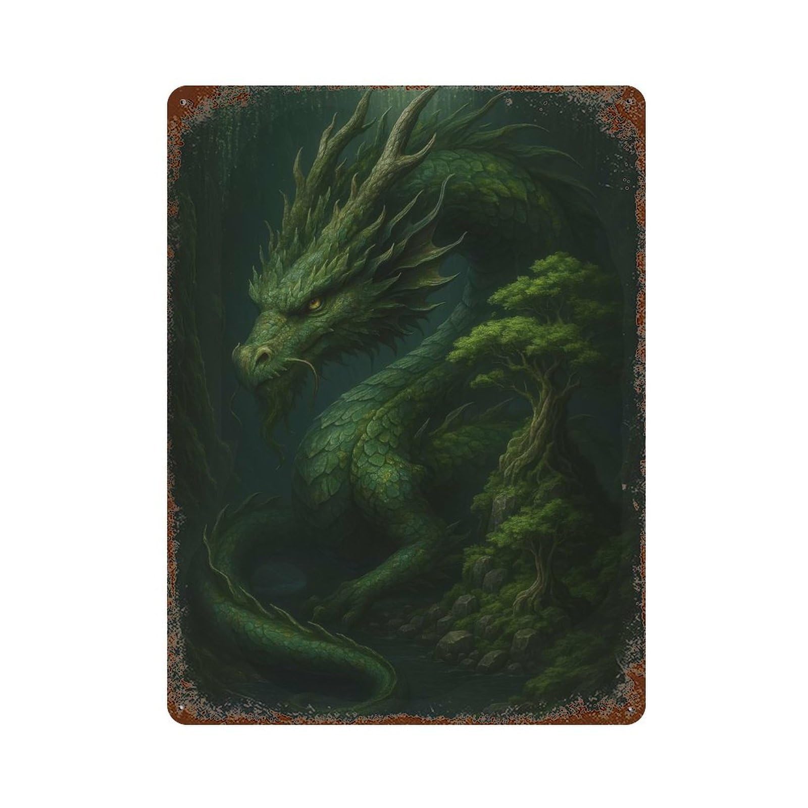 Green Dragon in Forest Aged Metal Wall Plaque 15.7"x11.8", for Office, Studio And Wall Decor, Novelty Wall Decor