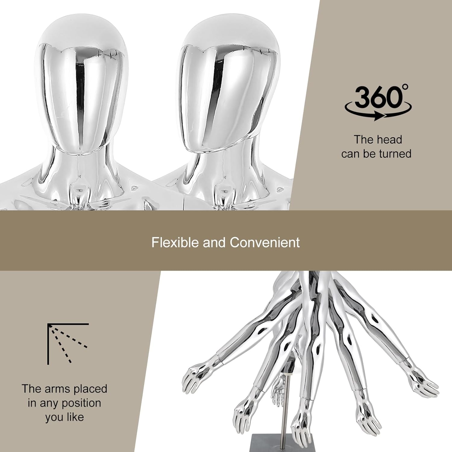 Male Mannequin Torso Dress Form - Height Adjustable Half Body Mannequins Detachable Arms Mannequin with Stand for Retail Clothing Shops (33-49 Inch, Silver)