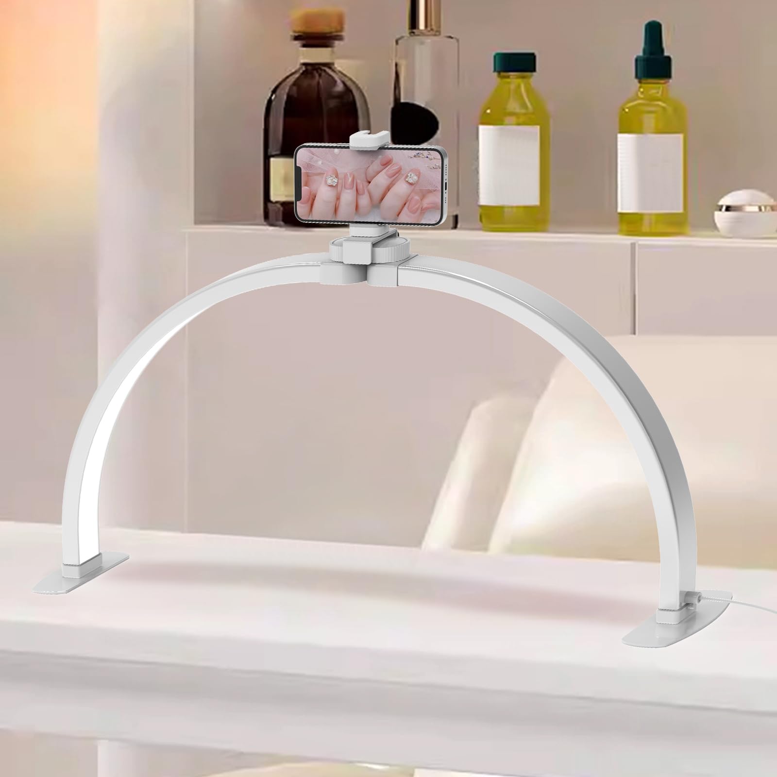 Half Moon Lamp for Nail Desk, 29Inch Foldable LED Nail Desk Lamp for Nail Tech with Phone Holder, Half Moon Light Esthetician Lash Light for Eyelash Extensions, Beauty, Tattoo