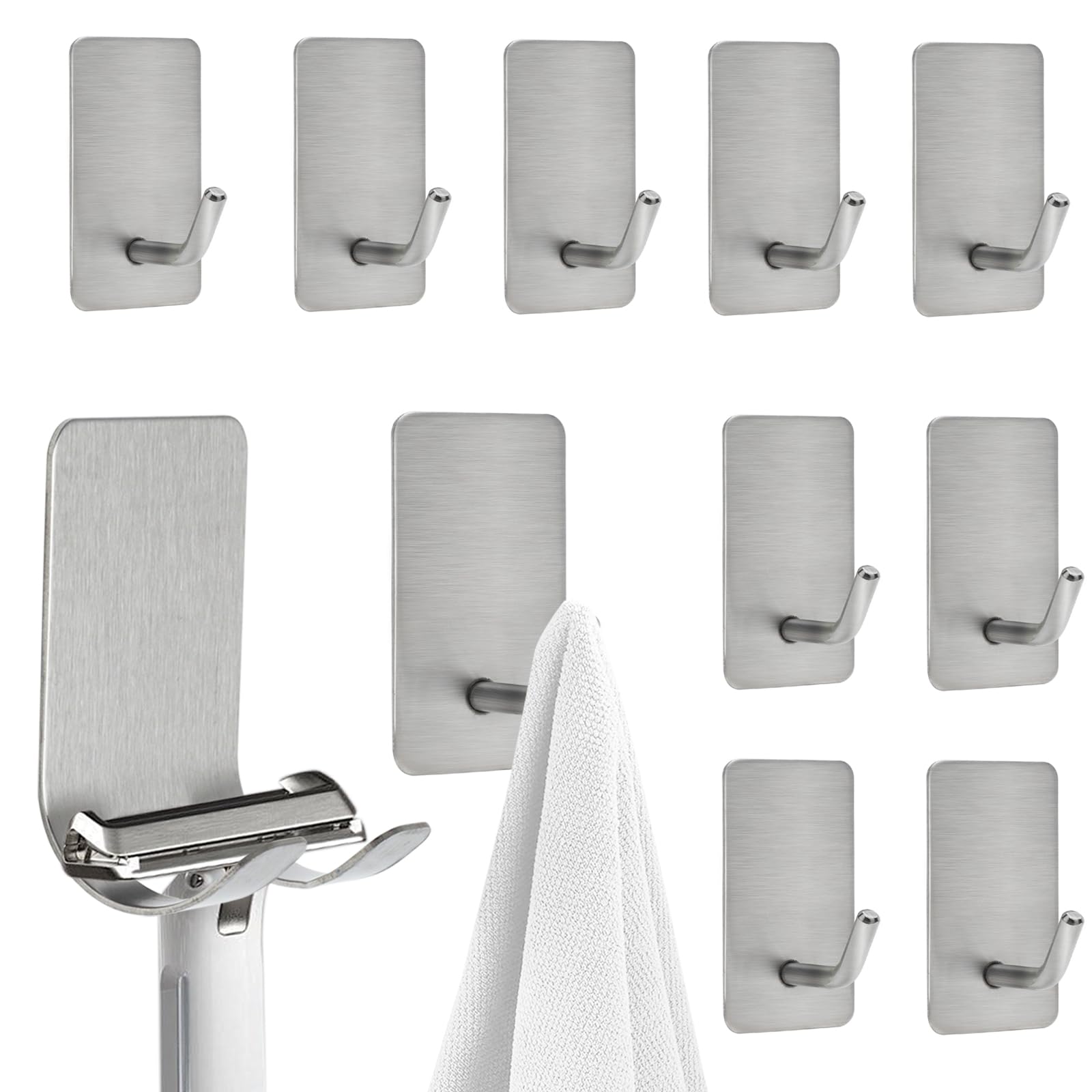 KQDRAVINE Handtuchhalter ohne Bohren 10er-Pack, Haken Selbstklebend 304 Edelstahl, Klebehaken Extra Stark Kann Großen Artikel hänge, Wandhaken Selbstklebend für Bad, Toilette & Küche