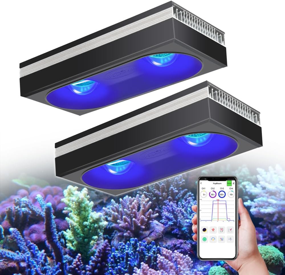 PopBloom 2PCS RL180 Black Reef Aquarium Lighting for SPS LPS Reef Corals Saltwater Fish Tanks, 4 Channels Fully Programmable, Wider Spread & High Penetration, Sunrise Sunset & Lunar Cycle