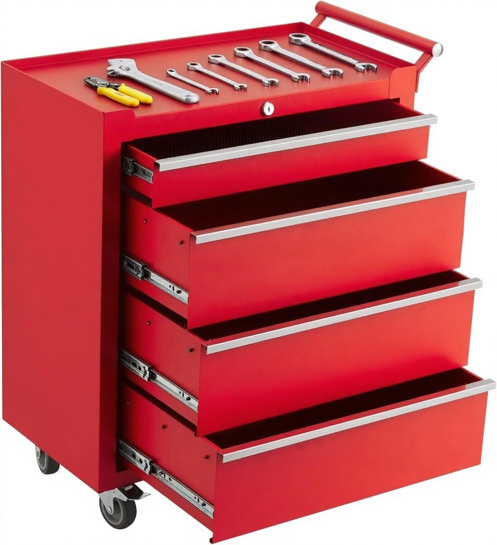 GarveeHome 4-Drawer Tool Chest, Rolling Tool Box with Wheels and Lock System, Portable Storage Rolling Tool Chest for Warehouse, Workshop & Repair