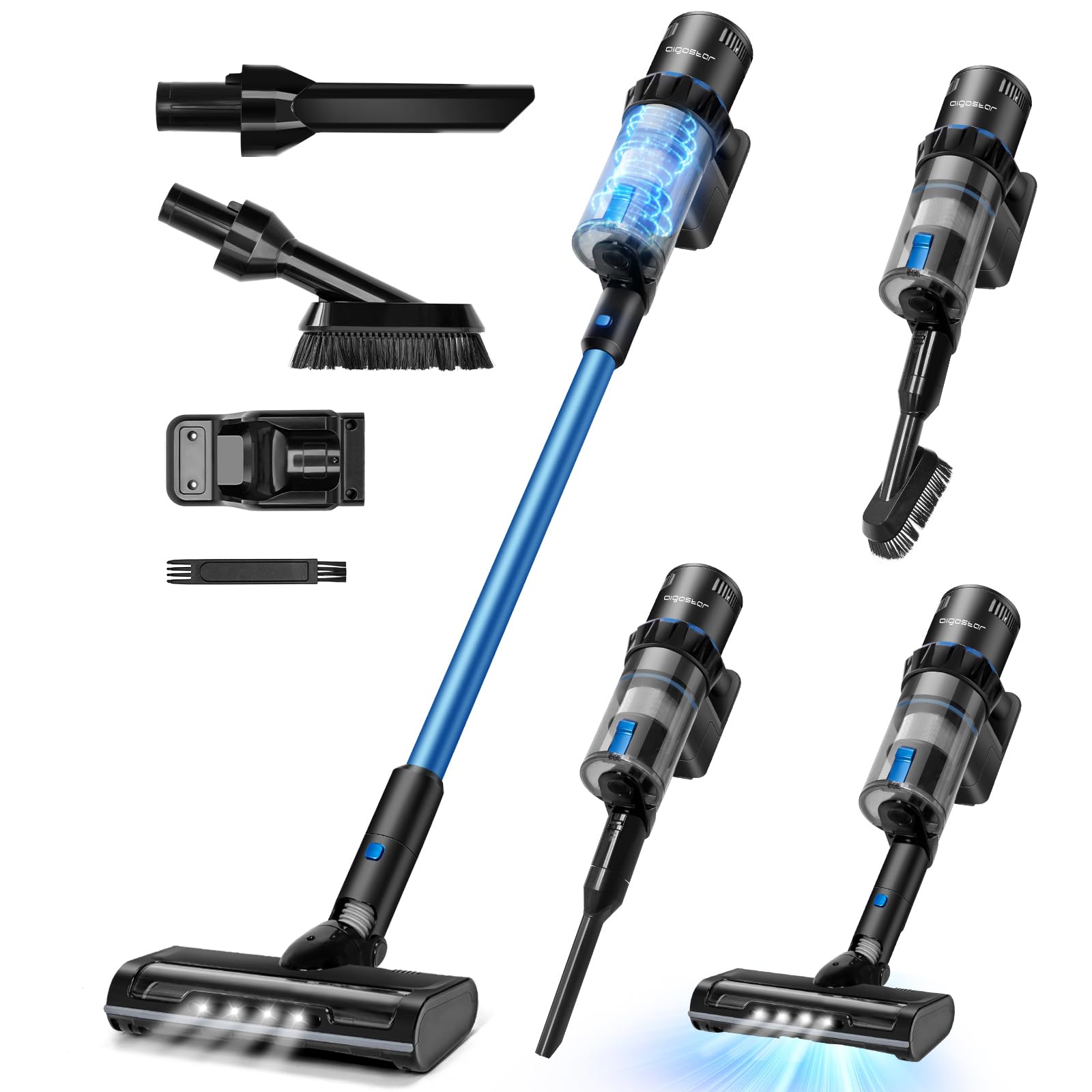Aigostar Cordless Vacuum Cleaner, Powerful Vacuum Cleaner 6-in-1, 2200mAh Battery Rechargeable Stick Vacuum, Lightweight Vacuum for Hard Floor Carpet Pet Hair, Blue