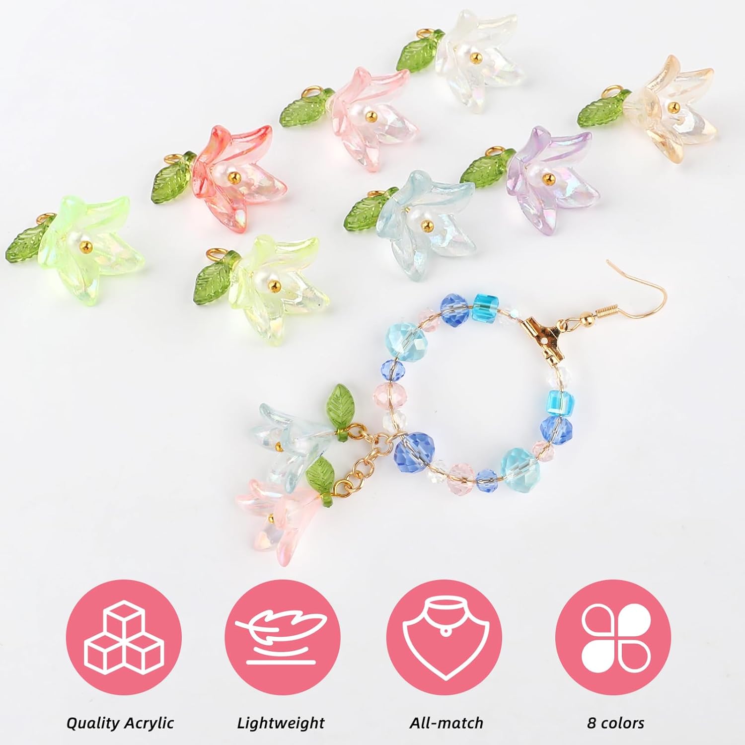 48Pcs Acrylic Lily Flower Pendants,8 Colors Floral Dangle Charms for Jewelry Making,DIY Craft Supplies for Necklaces,Earrings,Keychains, Decoration - Image 3
