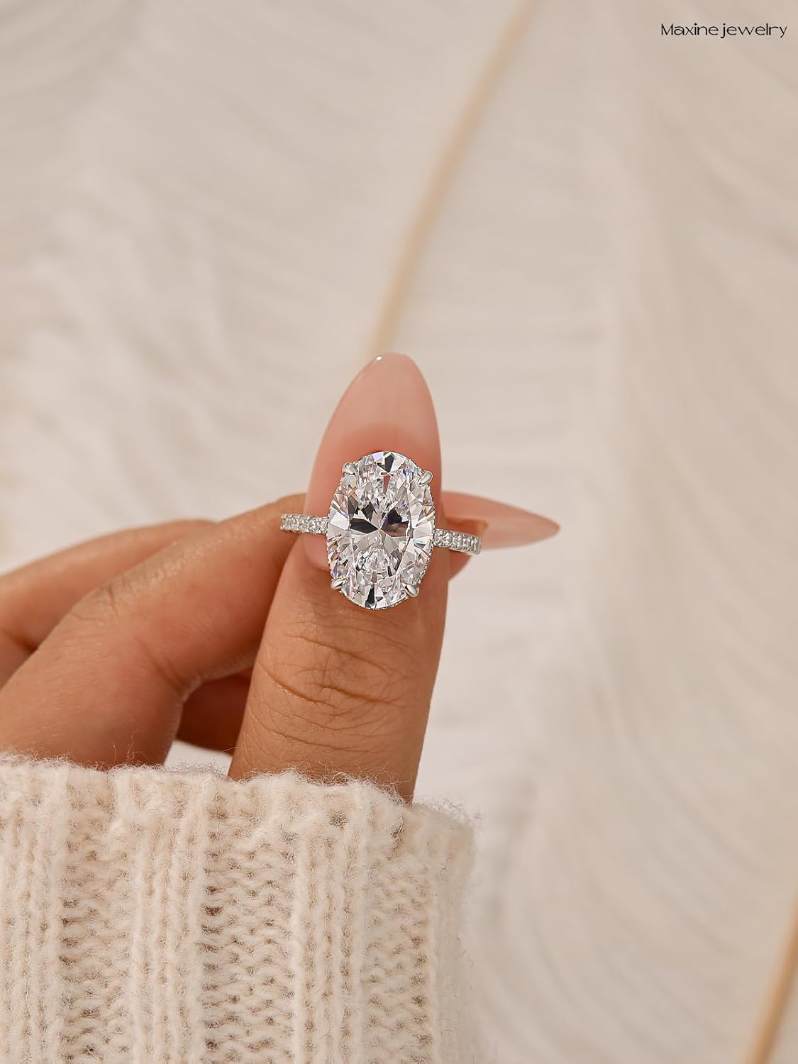 Maxinejewelry 6.5 Carats Oval Cut Engagement Ring for Women, S925 Sterling Silver 5A Cubic Zirconia Hidden Halo Promise Ring